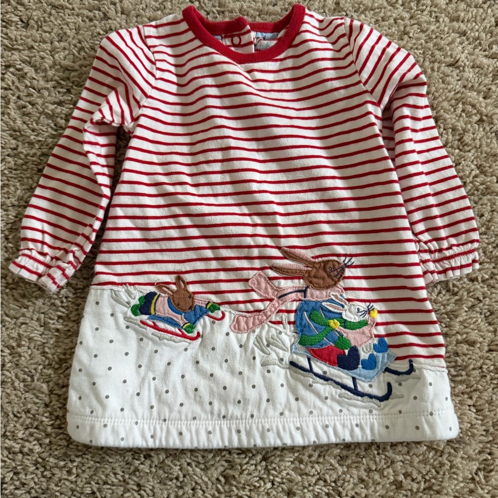 Mini Boden striped applique sledding dress winter 6-9 months